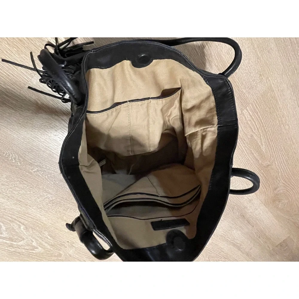 Hobo Black Top Grain Leather Tassel Tote Bag Rolled Straps and Exterior Pocket
